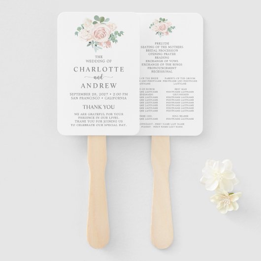 Éventail Programme de mariage Eucalyptus Rose rose pâle (Devant et derrière)