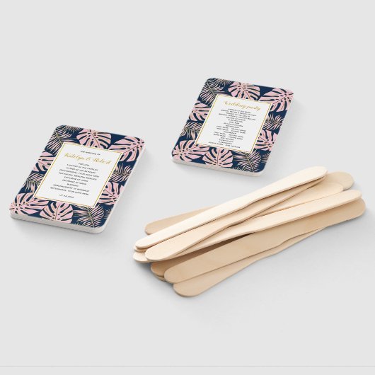 Éventail Programme de mariage feuille en or rose et marine  (Non-assemblé)