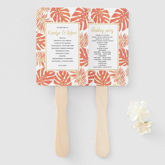 Éventail Programme de mariage feuille pour corail tropical (Devant et derrière)