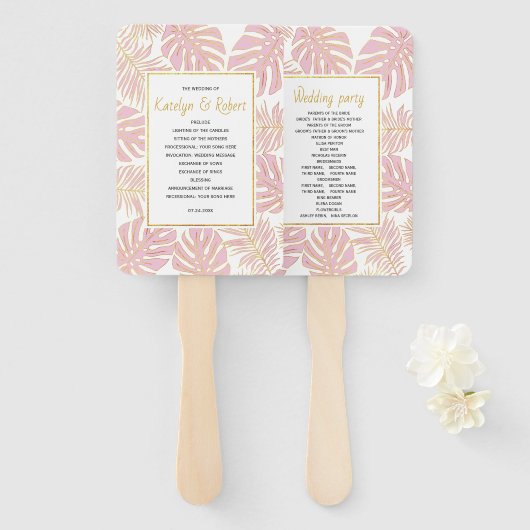 Éventail Programme de mariage feuille, rose vif, or tropica (Devant et derrière)
