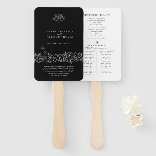 Éventail Programme de mariage Fleur blanche noire de lis (Devant et derrière)