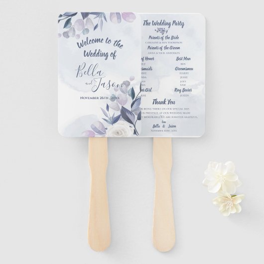 Éventail Programme de mariage Fleur florale aquarelle bleue (Devant et derrière)