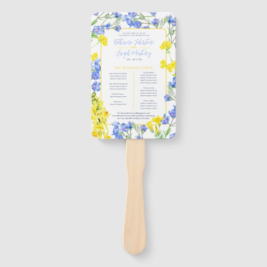 Éventail programme de mariage fleur sauvage bleu jaune aqua (Devant)
