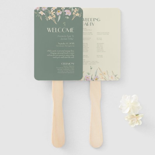 Éventail Programme de mariage fleur sauvage Sage Deco (Devant et derrière)