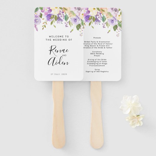 Éventail Programme de mariage fleuri violet ventilateur à m (Devant et derrière)