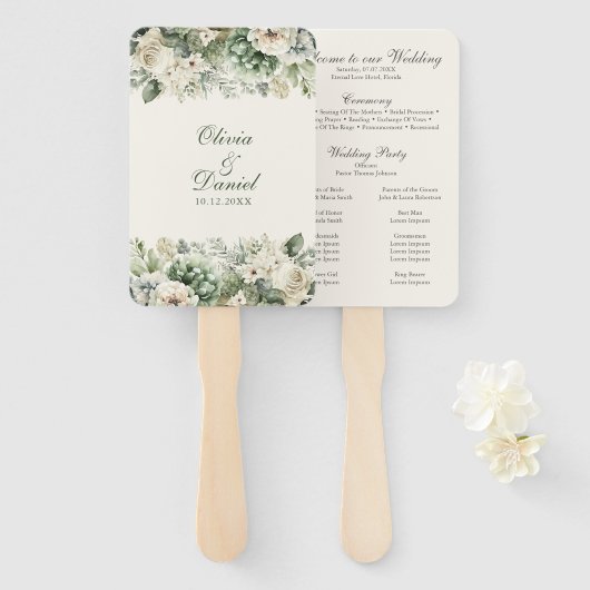 Éventail Programme de mariage Fleurs de Boho Vert Sauge et (Devant et derrière)