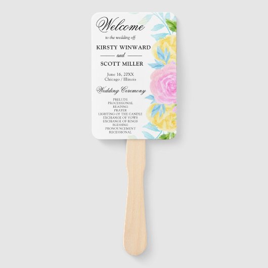 Éventail Programme de mariage Fleurs Rose Jaune Bleu (Devant)