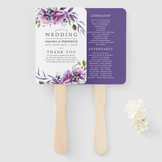 Éventail Programme de mariage floral à l'aquarelle avec coq (Devant et derrière)