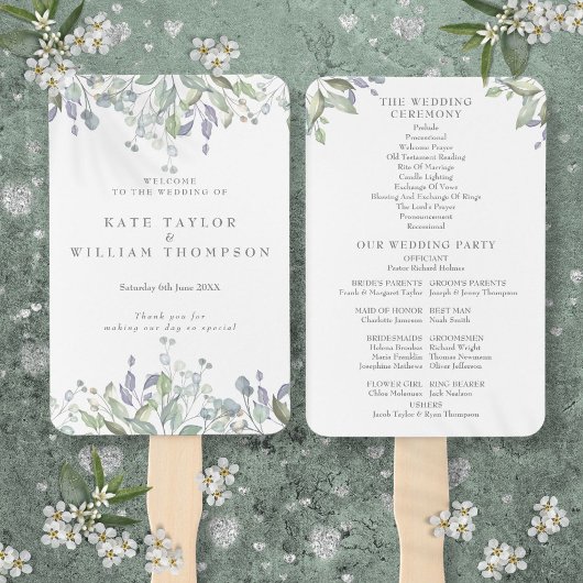 Éventail Programme de mariage floral à l'aquarelle avec feu