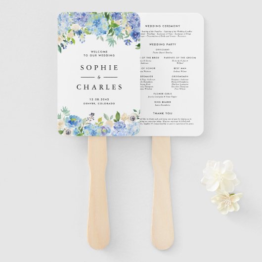 Éventail Programme de mariage floral à l'aquarelle bleue Ho (Devant et derrière)