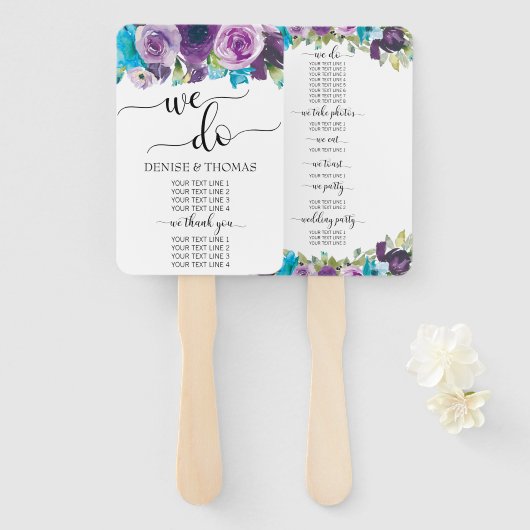 Éventail Programme de mariage floral aquarelle bleu violet (Devant et derrière)