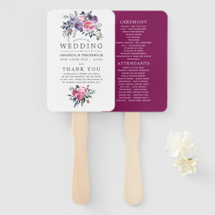 Éventail Programme de mariage floral aquarelle prune et ros