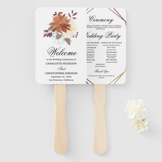 Éventail Programme de mariage floral aquarelle rustique boh (Devant et derrière)