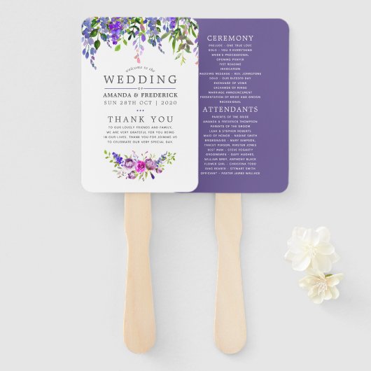 Éventail Programme de mariage floral aquarelle Ultra Violet (Devant et derrière)
