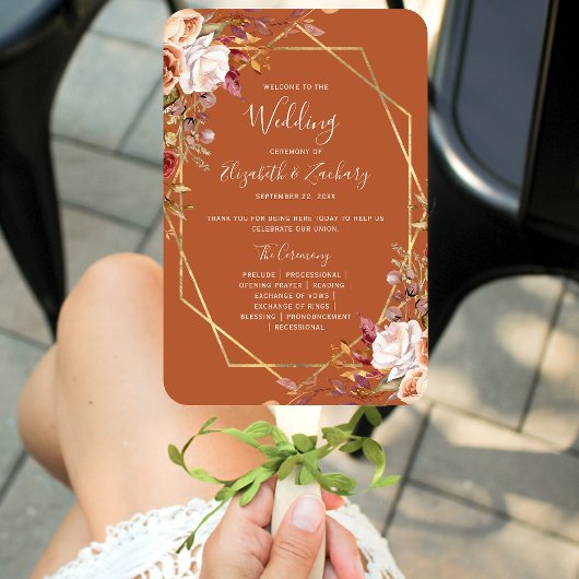 Éventail Programme de mariage floral automnal orange brûlé