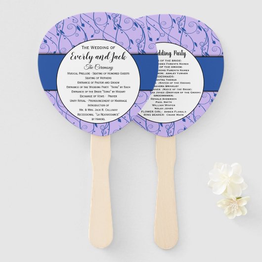 Éventail Programme de mariage floral bleu et Lilac (Devant et derrière)