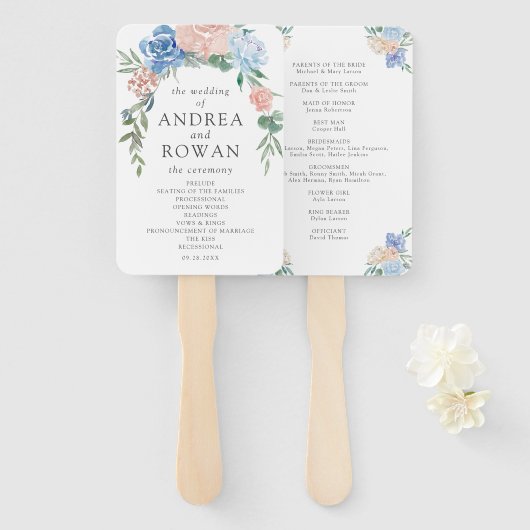 Éventail Programme de mariage floral bleu et rose Dusty (Devant et derrière)