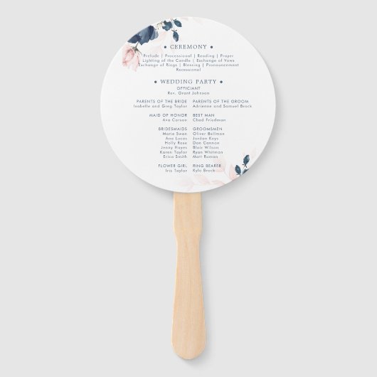 Éventail Programme de mariage floral bleu et rose vif de la (Dos)
