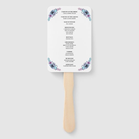 Éventail Programme de mariage floral bleu et violet (Dos)
