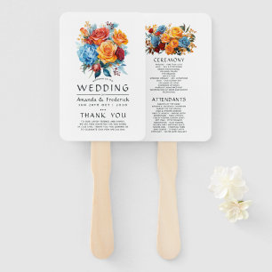 Éventail Programme de mariage floral bleu, orange, jaune et
