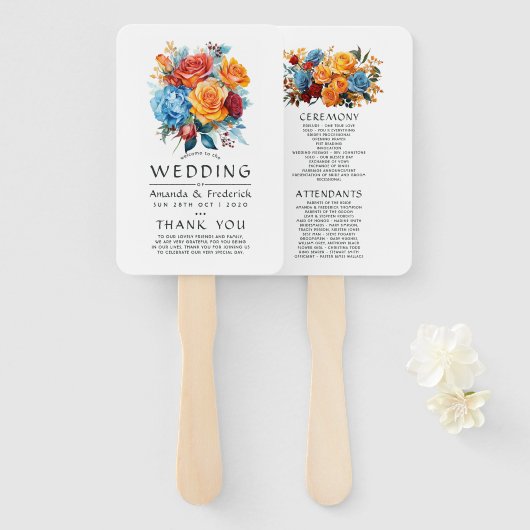 Éventail Programme de mariage floral bleu, orange, jaune et (Devant et derrière)