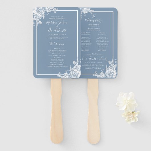 Éventail Programme de mariage floral bleu poussiéreux (Devant et derrière)