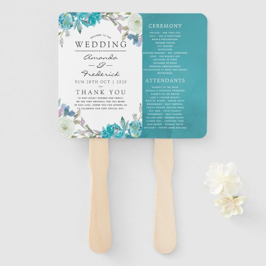 Éventail Programme de mariage floral bleu poussiéreux et tu (Devant et derrière)