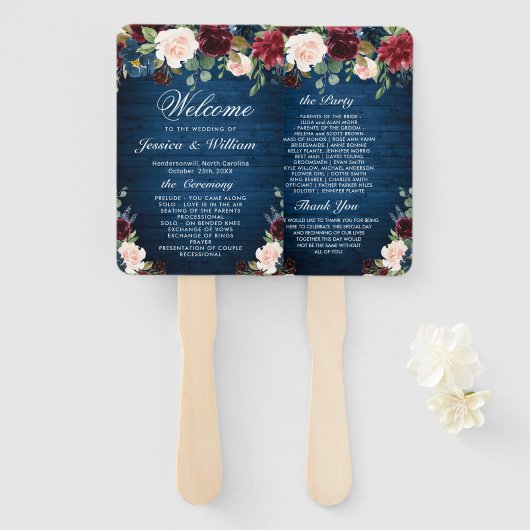 Éventail Programme de mariage floral Blush Blue Navy de Bou (Devant et derrière)