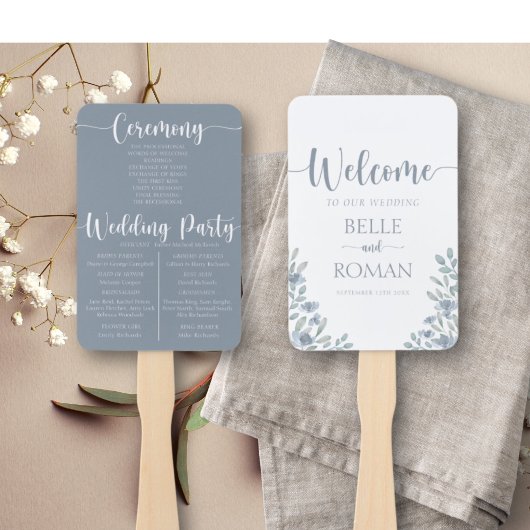 Éventail Programme de mariage floral Boho Eucalyptus Bleu