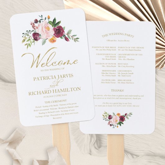 Éventail Programme de mariage floral bordeaux Blush or