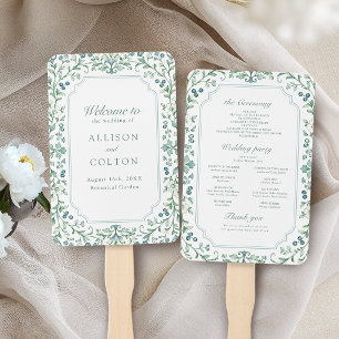 Éventail Programme de mariage floral botanique vintage Sage
