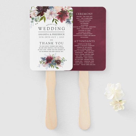 Éventail Programme de mariage floral Bourgogne et Navy (Devant et derrière)