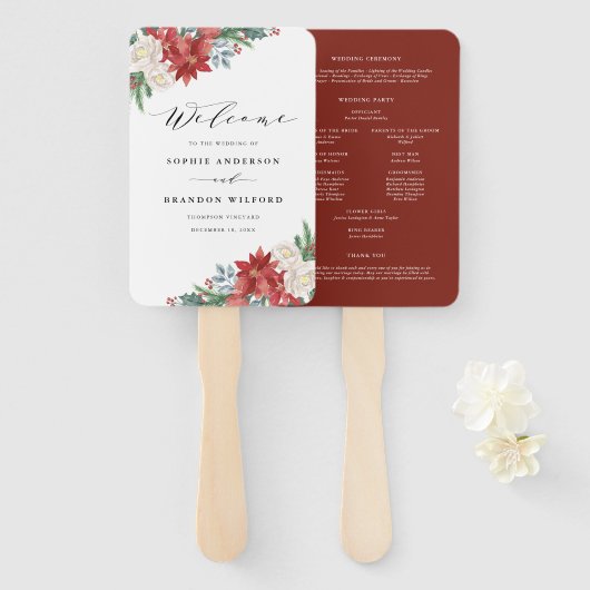 Éventail Programme de mariage floral de Noël à l'aquarelle (Devant et derrière)