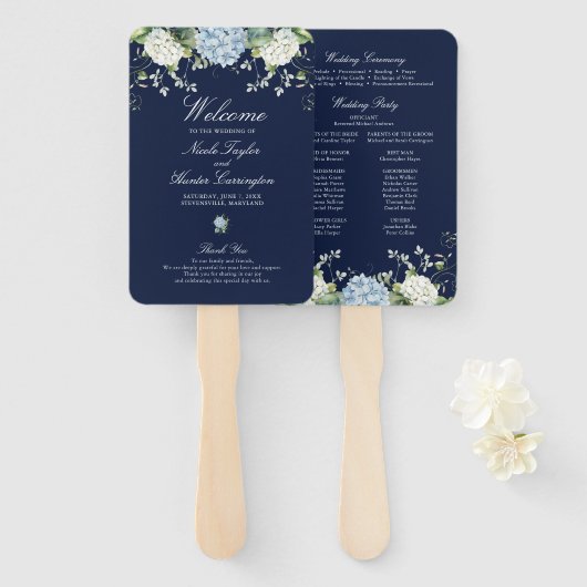 Éventail Programme de mariage floral d'hydrangea bleu marin (Devant et derrière)
