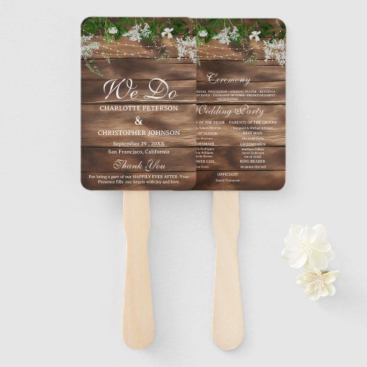 Éventail Programme de mariage floral en bois de grange rust (Devant et derrière)