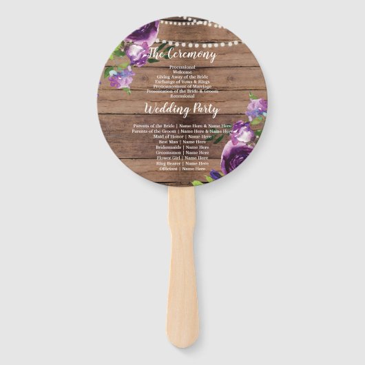 Éventail Programme de mariage floral en bois violet Fleurs  (Dos)