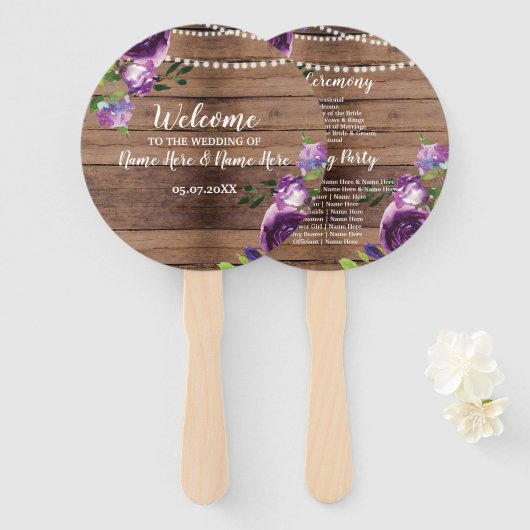 Éventail Programme de mariage floral en bois violet Fleurs  (Devant et derrière)