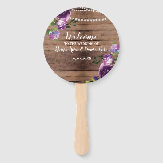 Éventail Programme de mariage floral en bois violet Fleurs  (Devant)