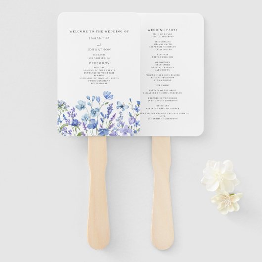 Éventail Programme de mariage floral Fleur sauvage bleu Ven (Devant et derrière)