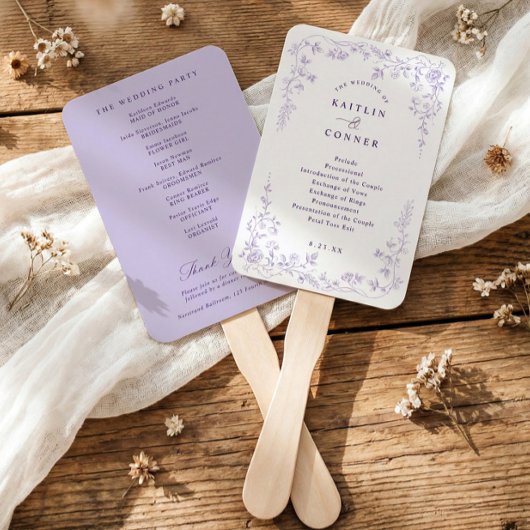 Éventail Programme de mariage floral français à la lavande