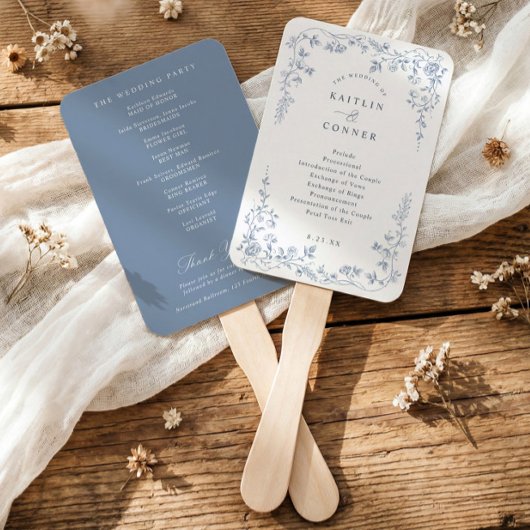 Éventail Programme de mariage floral français bleu poussiér