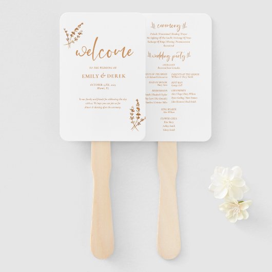 Éventail Programme de mariage floral moderne Boho Orange (Devant et derrière)