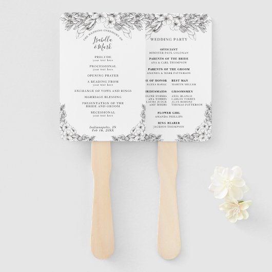 Éventail Programme de mariage floral noir et blanc Ventilat (Devant et derrière)