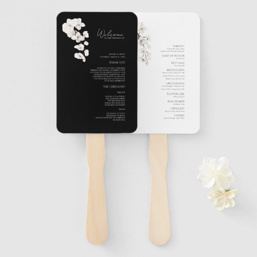 Éventail Programme de mariage floral orchidée noir et blanc (Devant et derrière)