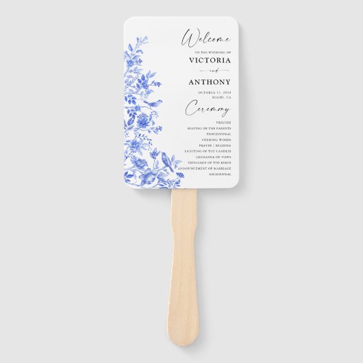Éventail Programme de mariage floral Porcelaine Bleue (Devant)