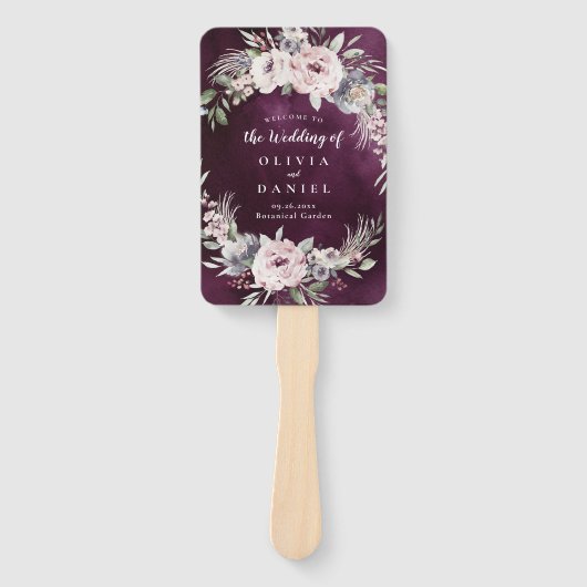 Éventail Programme de mariage floral prune et boho rose pou (Devant)
