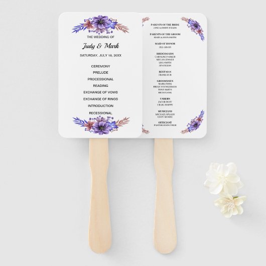 Éventail Programme De Mariage Floral Purple Et Blue Waterco (Devant et derrière)