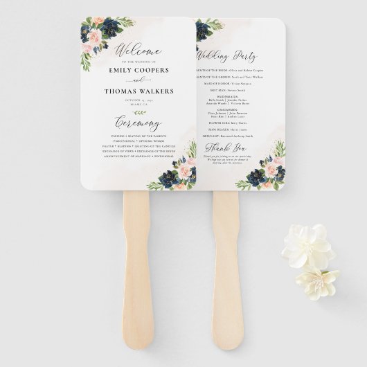 Éventail Programme de mariage floral rose et bleu marine (Devant et derrière)