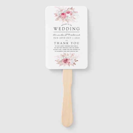 Éventail Programme de mariage floral rose et Rose or (Devant)