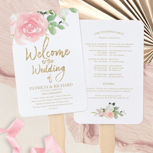 Éventail Programme de mariage floral roses blush or